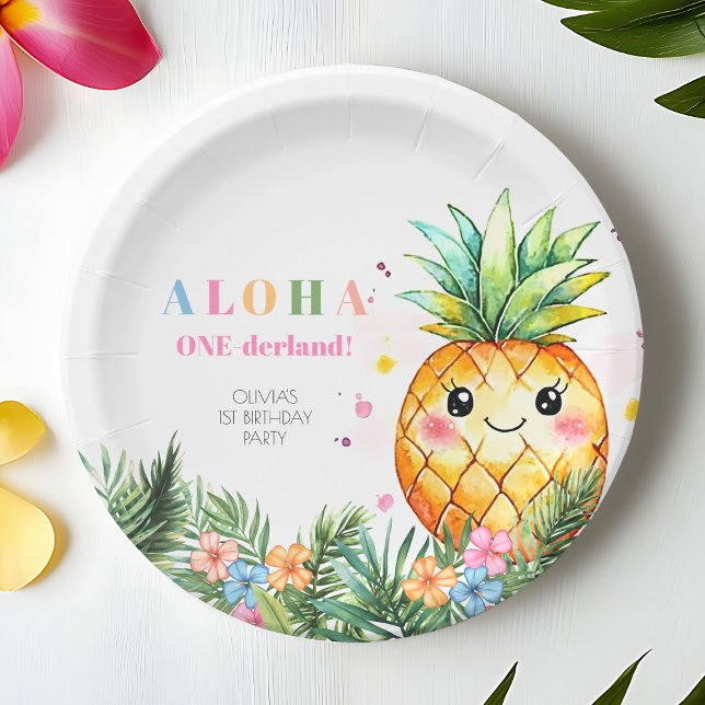 Prato De Papel Festa de primeiro aniversario de Abacaxi Tropical  (Tropical Pineapple Summer Aloha 1st Birthday Party Paper Plates)