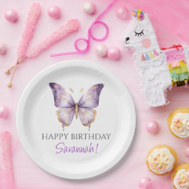 Prato De Papel Festa de primeiro aniversario de borboletas roxas 