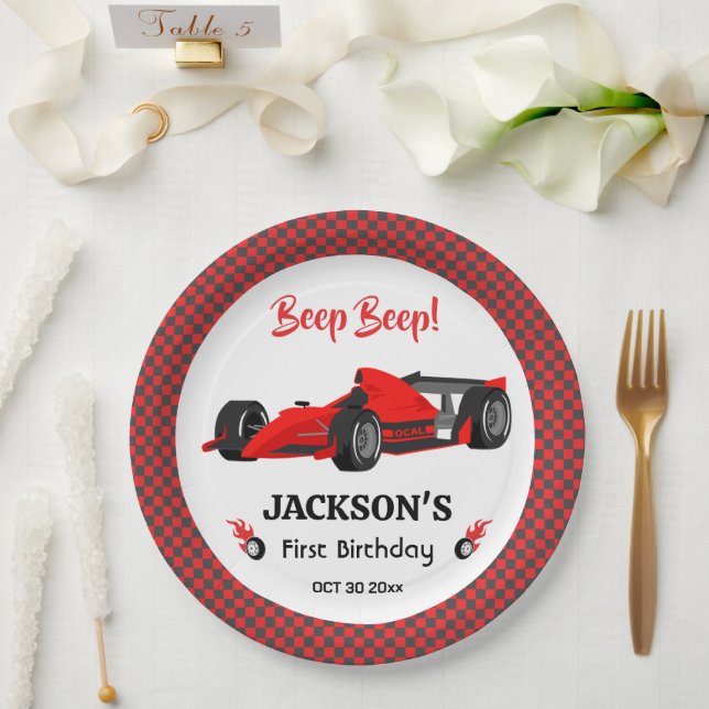 Prato De Papel Festa de primeiro aniversario de Carro Vermelho, m (Casamento)
