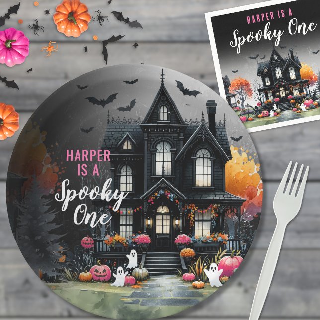 Prato De Papel Festa de primeiro aniversario de Dia das Bruxas Ro (Spooky One Pink Halloween 1st Birthday Party Paper Plates)