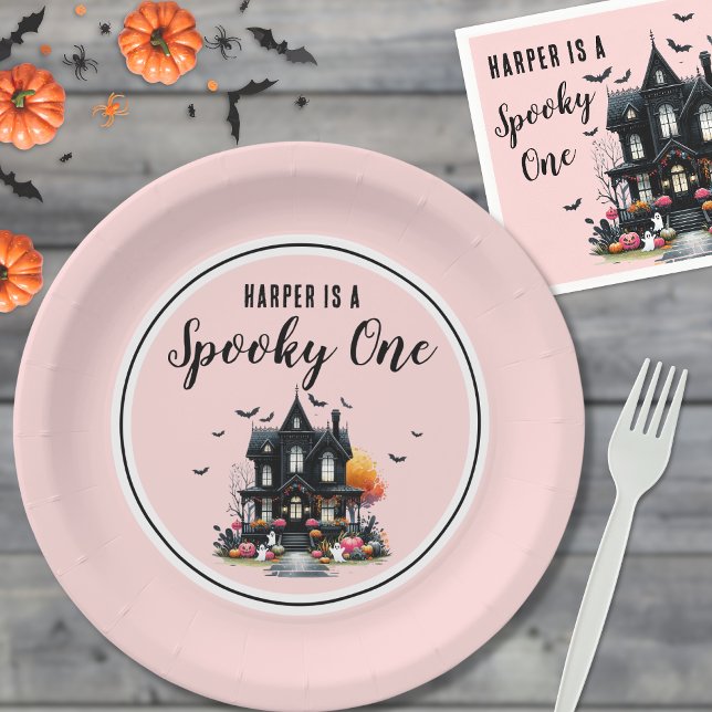 Prato De Papel Festa de primeiro aniversario de Dia das Bruxas Ro (Spooky One Pink Halloween 1st Birthday Party Paper Plates )