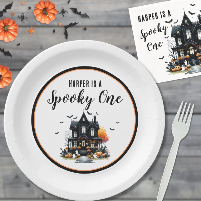 Prato De Papel Festa de primeiro aniversario de Dia das Bruxas Sp (Spooky One Halloween 1st Birthday Party Paper Plates)