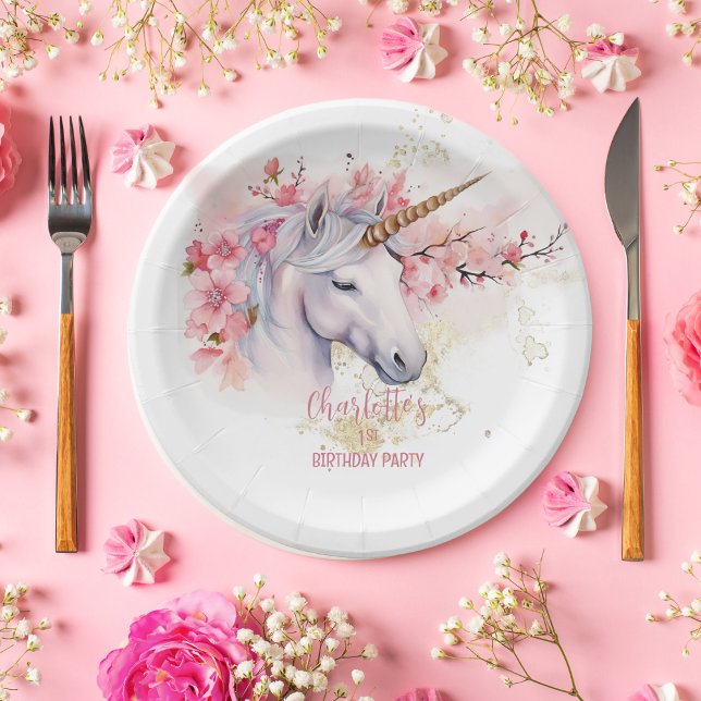 Prato De Papel Festa de primeiro aniversario de Garota Floral Mís (Mystical Unicorn and Cherry Blossoms Pink Floral Girl 1st Birthday Party Paper Plates)