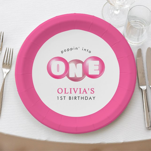 Prato De Papel Festa de primeiro aniversario de Menina Rosa-Rosa  (Bubblegum Pink Poppin Girl 1st Birthday Party Paper Plates
)