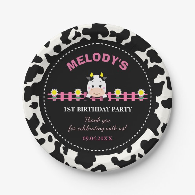 Prato De Papel Festa de primeiro aniversario de vaqueiro rosa dos (Frente)