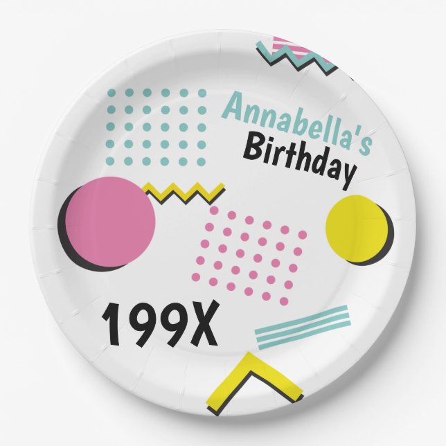 Prato De Papel Festa de Tema do Padrão de Memphis Retroativo 90s (Frente)