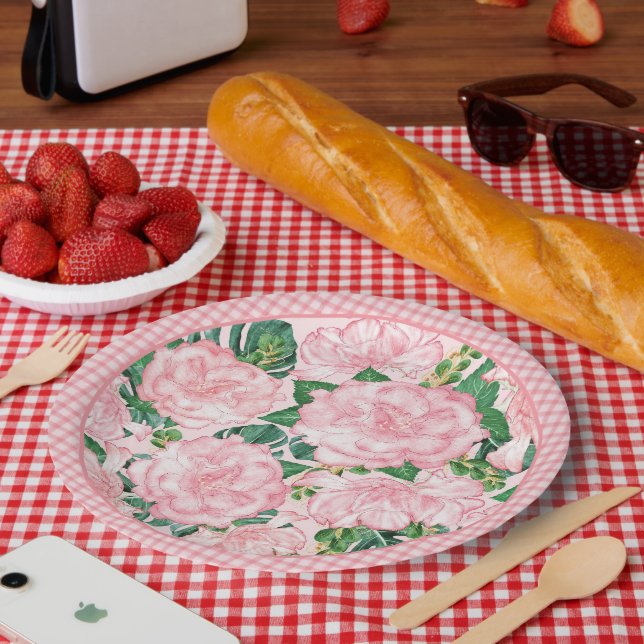 Prato De Papel Festa de Verão Floral de Rosas Rosa Elegante (Piquenique)