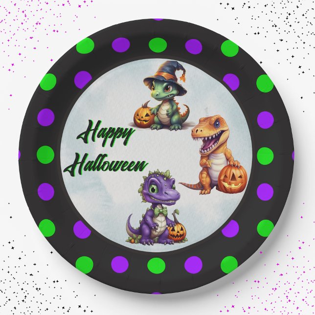 Prato De Papel Festa Dino-Mash do Dinossaur do Halloween (Super cute 3 dino Happy Halloween polka dot paper party plates!)