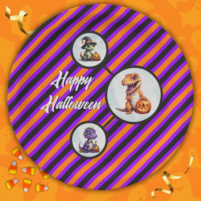 Prato De Papel Festa Dino-Mash do Dinossaur do Halloween (Halloween Dinosaur Circle Paper Plates in Orange and Purple)