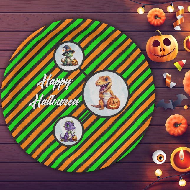 Prato De Papel Festa Dino-Mash do Dinossaur do Halloween (Halloween Dinosaur Circle Paper Plates in Orange and Green)