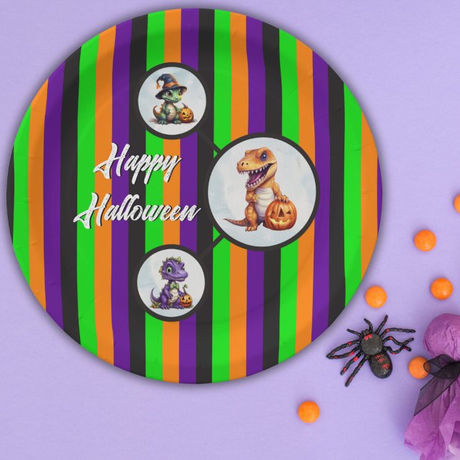 Prato De Papel Festa Dino-Mash do Dinossaur do Halloween (Halloween Dinosaur Circle Paper Plates with 3 dino's!)
