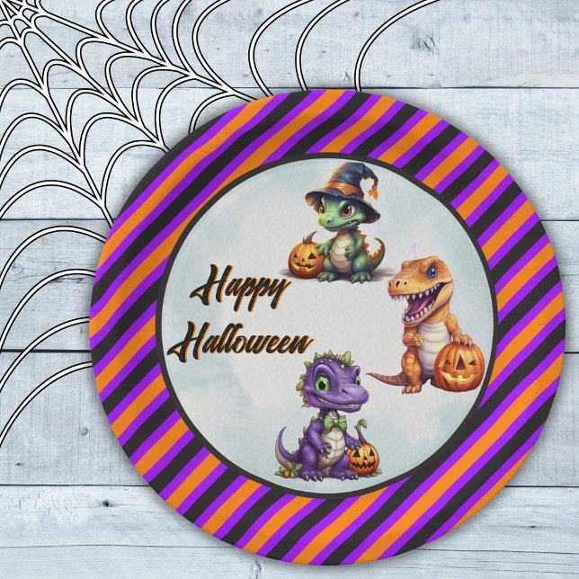 Prato De Papel Festa Dino-Mash do Dinossaur do Halloween (Happy Halloween Dinosaur Party Plate in Purple and Orange)