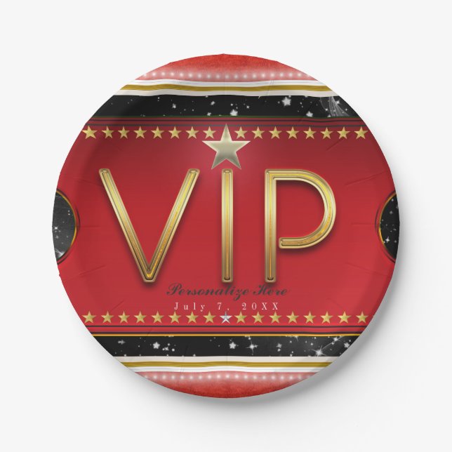 Prato De Papel Festa do Bilhete VIP Black Red Gold & Silver Glam (Frente)