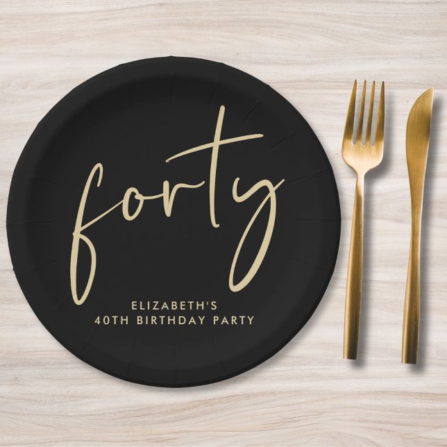 Prato De Papel Festa Dourada de aniversário de 40 anos Chic Black (Criador carregado)