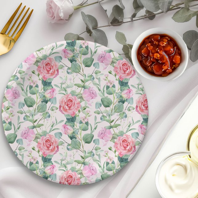 Prato De Papel Festa Elegante de Rosas Rosa Floral (Floral rose garden paper plates from my Vintage Tea Party Baby Shower Collection)
