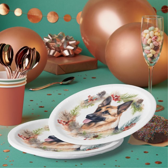 Prato De Papel Festa Festiva de german shepherd de Natal (Múltiplo)