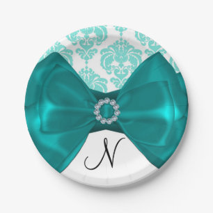 Prato De Papel Festa Glam Teal & White Damask Brilho Laço Doce 16