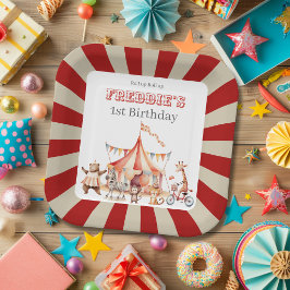 Prato De Papel Festa Infantil Divertida e Fofa de Circo Vermelha