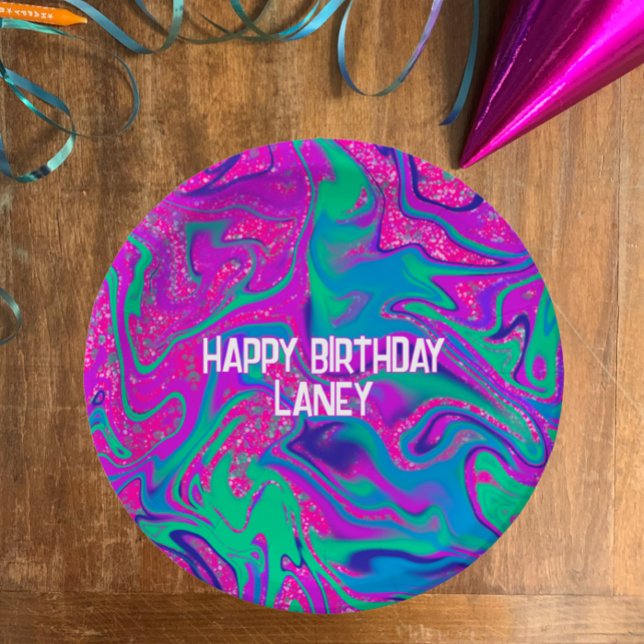 Prato De Papel Festa legal de Slimus de Aniversário de Garota Ros (Hot pink blue and teal fun swirls custom paper birthday party plate. Slime party glitter girly theme)