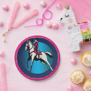 Prato De Papel Festa Ocidental Cowgirl Andando Cavalo Rosa Bandan