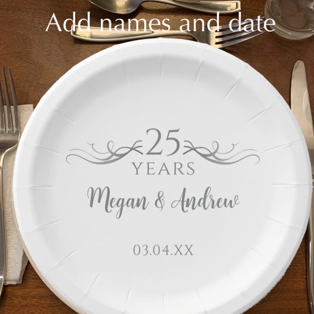 Prato De Papel Festa Personalizada de Casamento de 25 de Cinza (Elegant personalized silver 25th wedding anniversary party paper plates.
)