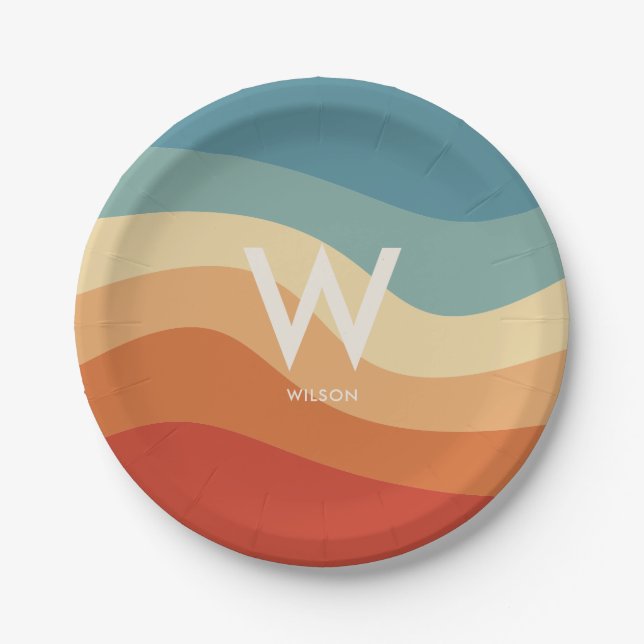 Prato De Papel Festa Pessoal de Monograma Listrado Retro Ondulado (Frente)