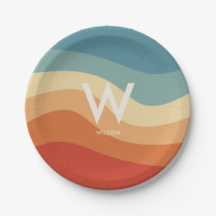 Prato De Papel Festa Pessoal Monograma Listrado Retro Ondulado