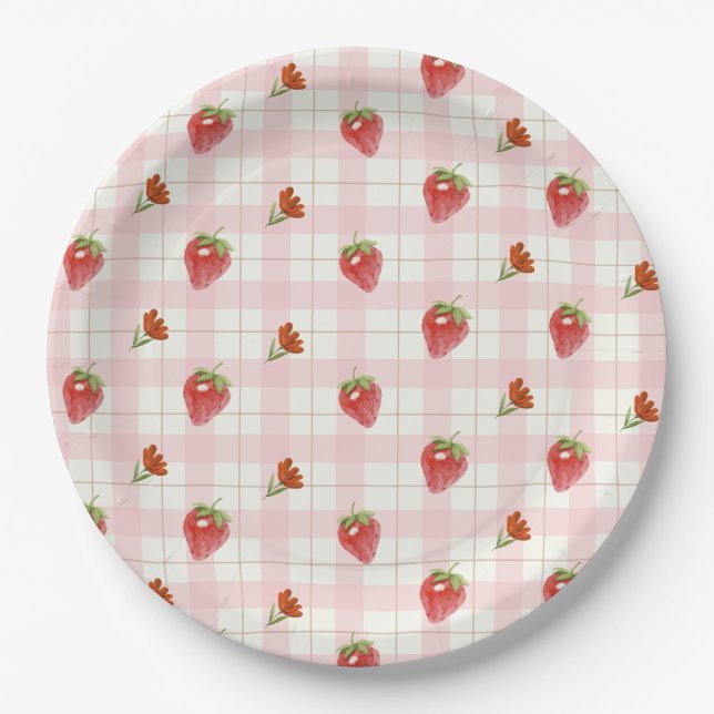 Prato De Papel Festa Rosa Strawberry Berry Sweet Gingham (Frente)