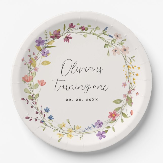 Prato De Papel Festa Simples de primeiro aniversario de Flor Selv (Frente)