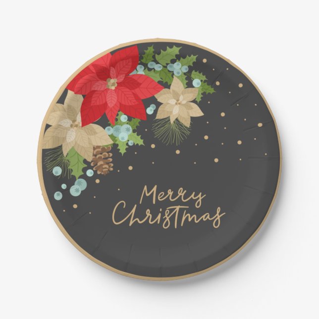 Prato De Papel Festiva Poinsettia e Berries Plata de Natal (Frente)