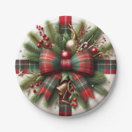 Prato De Papel Festive Christmas Red Tartan Bow & Pine 
