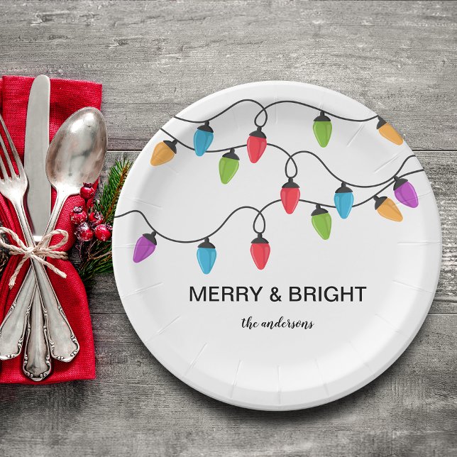 Prato De Papel Festive Christmas String Lights Personalized (Festive Christmas String Lights Personalized Paper Plates)
