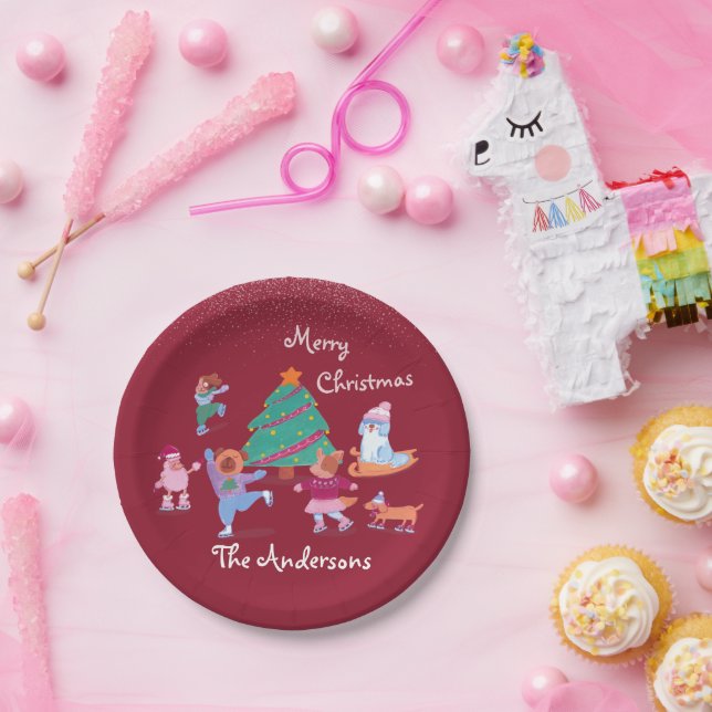 Prato De Papel Festive Dog Ice Skating Name Red Christmas Dinner (Festa)