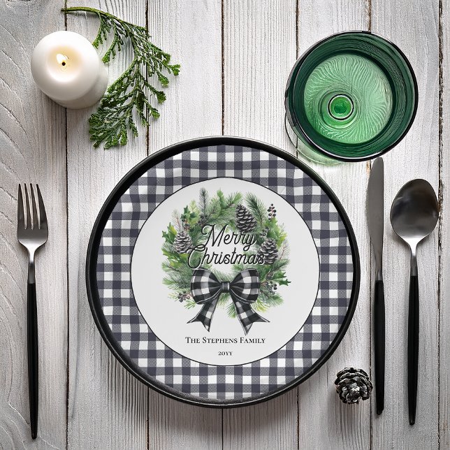 Prato De Papel Festive Holiday Wreath BW Bow Merry Christmas  (Festive Holiday Wreath with BW Check Coquette Bow "Merry Christmas" Paper Plates)