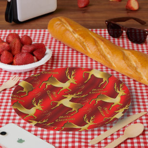 Prato De Papel Festivo Dourado e Red Reindeer Natal