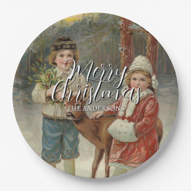 Prato De Papel Festivo Feliz Natal Crianças de inverno (Frente)