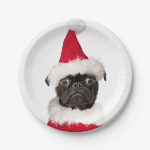 Prato De Papel Festivo Natal bonito Preto Pug Santa Hat