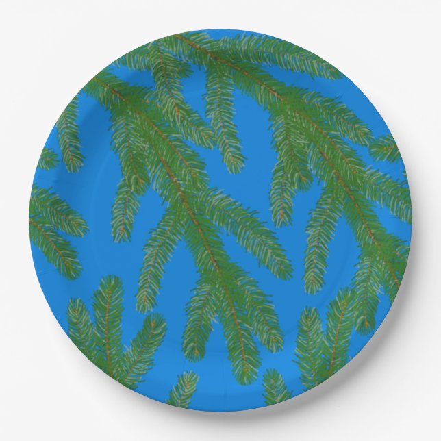 Prato De Papel Festivos de abetos verdes e galhos azuis (Frente)