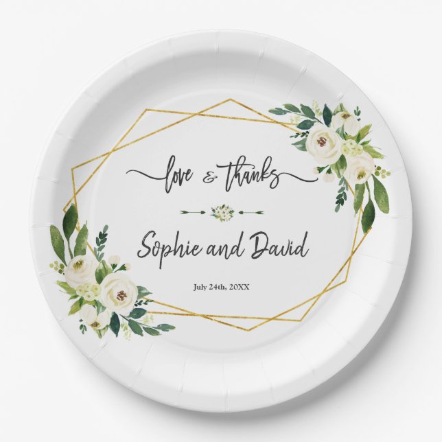 Prato De Papel Fezes Florais Brancas Feias Amor e Obrigados (Frente)