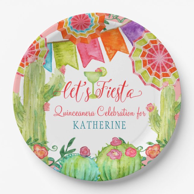 Prato De Papel Fiesta Cactus Pink Quinceanera 15 Festa de anivers (Frente)
