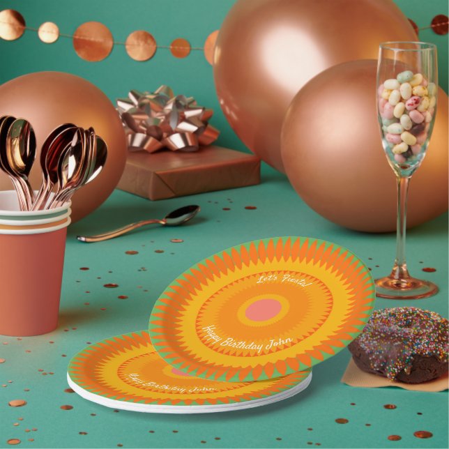 Prato de Papel Fiesta Laranja Sol Caleidoscópio (Múltiplo)