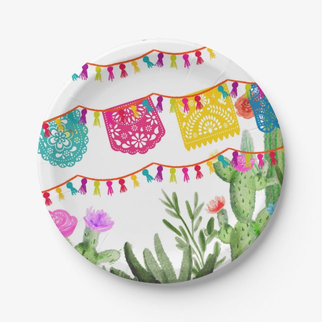 Prato De Papel Fiesta Mexicana Banners Floral Cactus Paper Plate (Frente)
