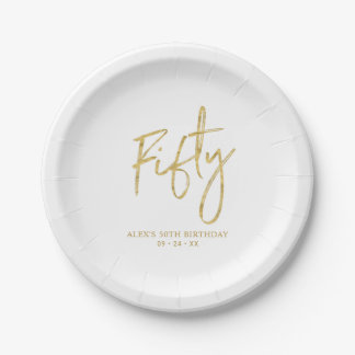 Prato De Papel Fifty Gold Lettering 50th birthday Paper Plates