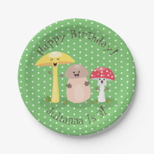 Prato De Papel Figura de desenho animado de cogumelos felizes e b