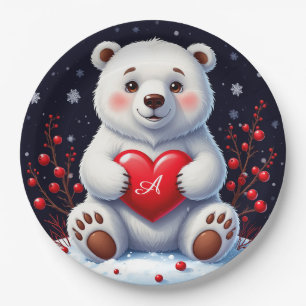 Prato De Papel Filhote Adorável de Urso Polar Branco Segurando um