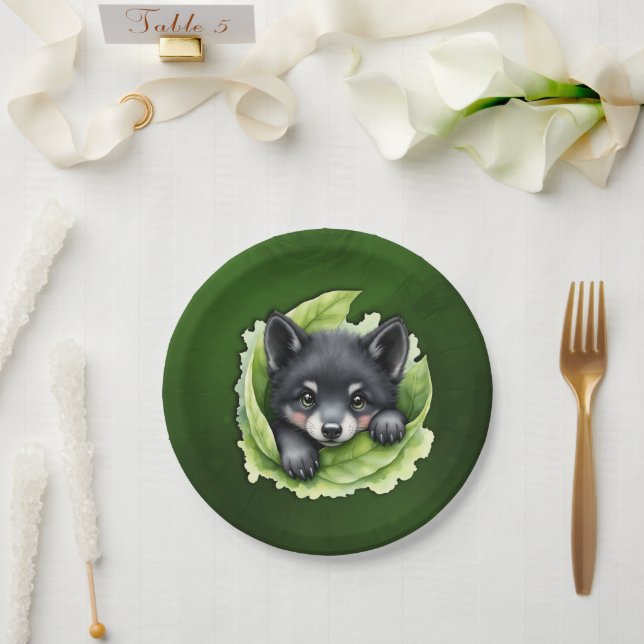 Prato De Papel Filhote de lobo no verde: (Casamento)