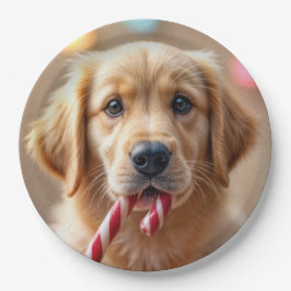 Prato De Papel Filhote de Retriever Dourado Com uma Cana de Açúca