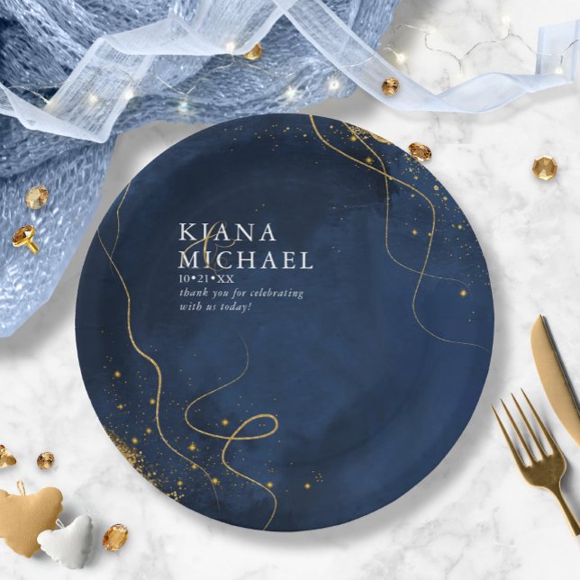 Prato De Papel Fine Lines Dourado Abstrato Wedding V1 Marinho ID8 (Criador carregado)