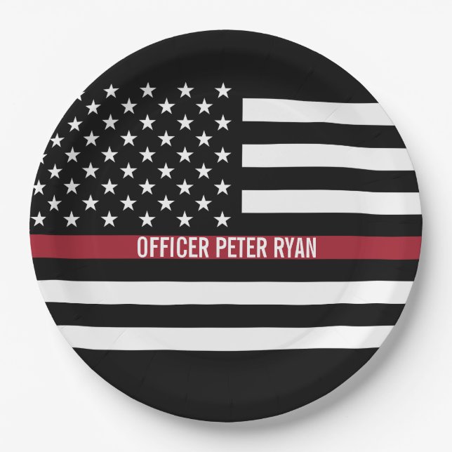 Prato De Papel Firefighter Thin Red Line American Flag Add Name (Frente)