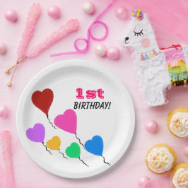 Prato De Papel First Birthday Girl Colorful Heart Balloons